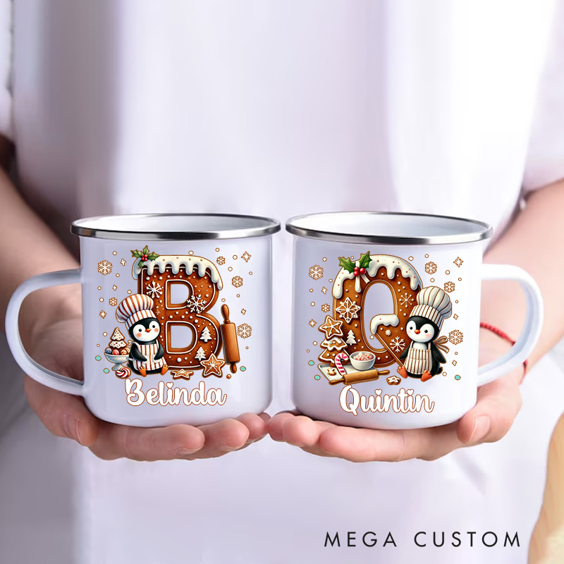 Personalized Cute Penguin Cookie Initial Kids Mug with Name 12 oz Enamel Mug for Kids Christmas Birthday Gift for Boys Girls