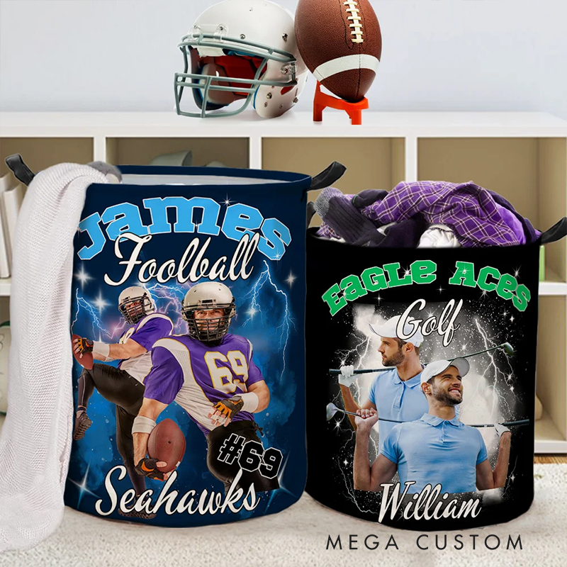 Personalized Soccer Basketball Baseball and American Football Laundry Basket Custom Name and Team Design for Players and Fans