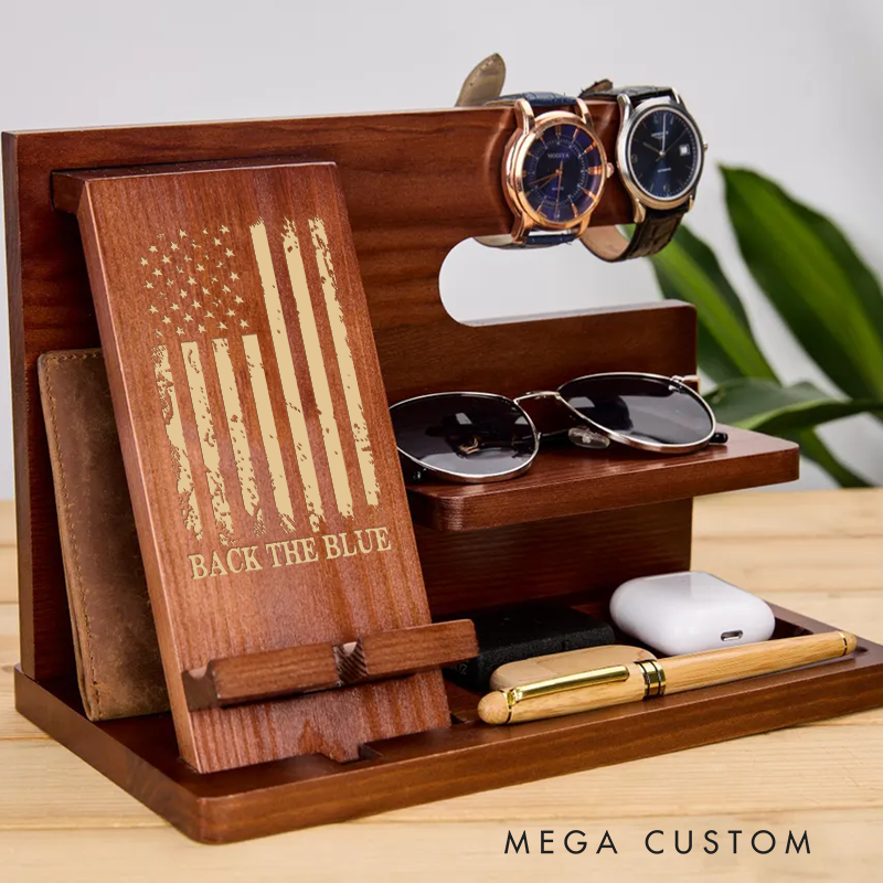 Personalized Police Officer Docking Station Custom Engraved Wooden Organizer for Watches Wallet Sunglasses and Accessories