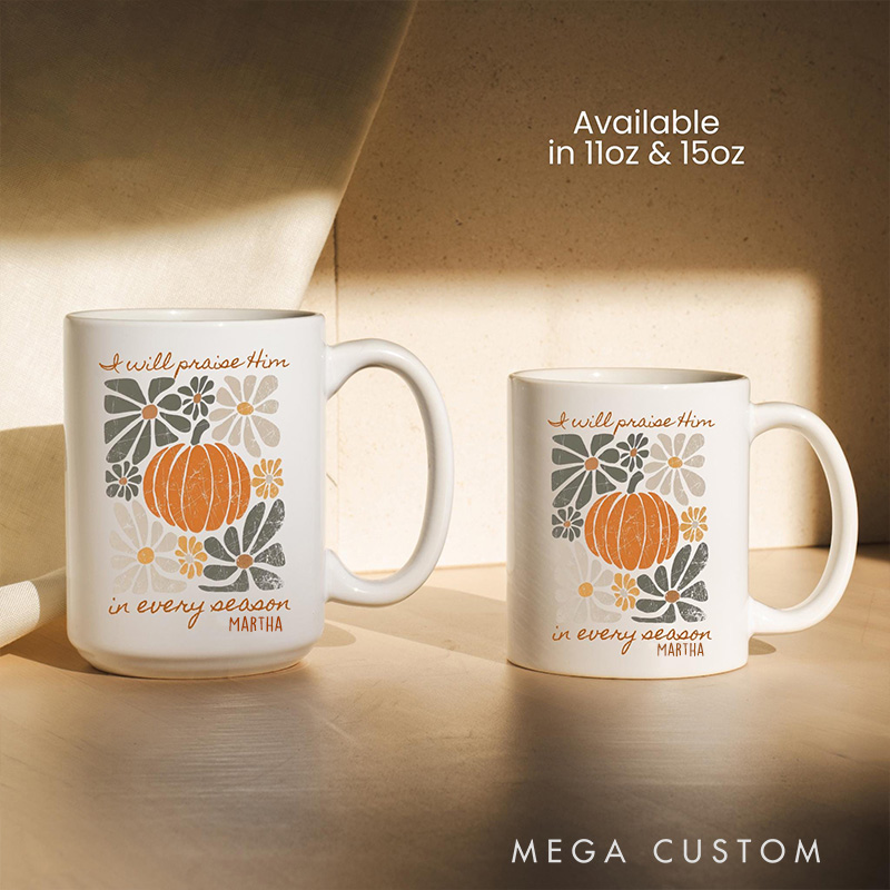 Personalized Boho Fall Mug Pumpkin Psalm Bible Verse Ceramic Mug with Name Floral Thanksgiving Coffee Cup Fall Host Gift Christian Thanksgiving Gift