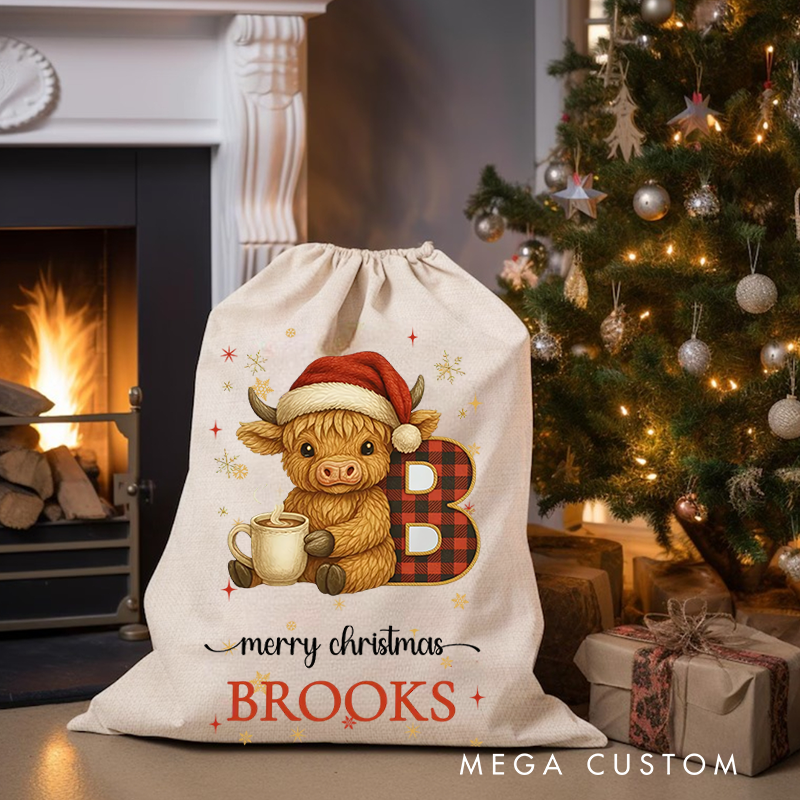 Personalized Highland Cow Santa Sack Drawstring Bag for Present Holiday Gifts BagChristmas Present Gift Bag for Him Her Kids Adults