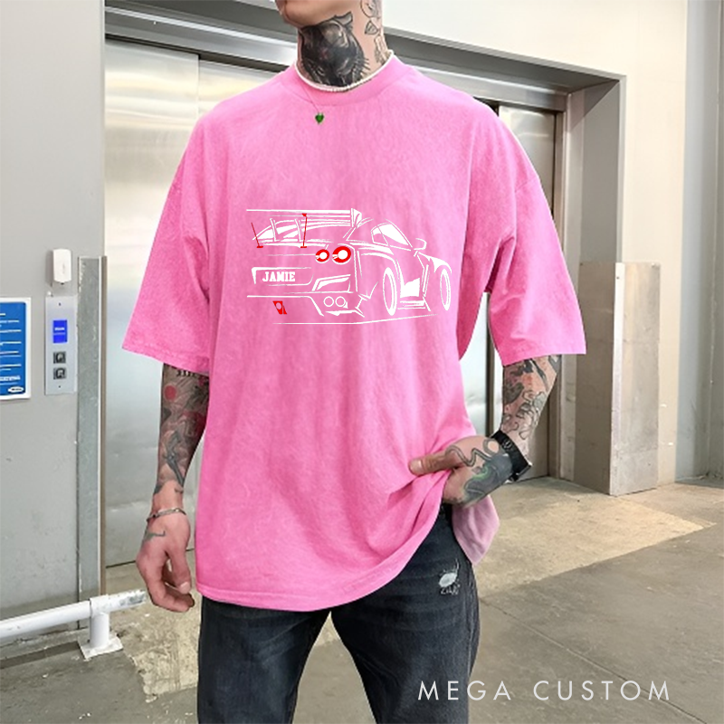Personalized Washed T-Shirt with Custom Name Car Design Perfect Gift for Racer and Racing Lovers