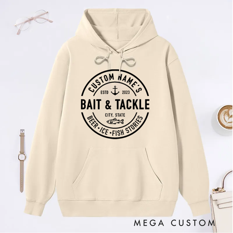 Personalized  Bait and Tackle Fishing Hoodie Boat Fishing Hoodie Custom Name Time and Place Design Perfect Gift for Fishing Enthusiasts