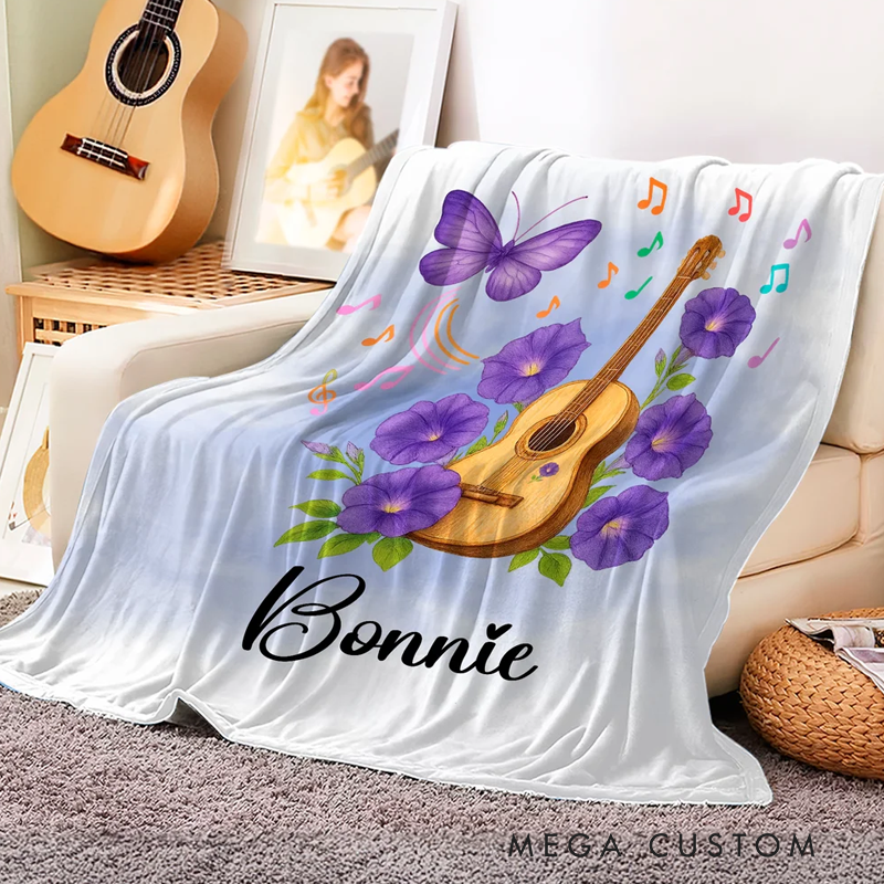 Personalized Guitar Birth Flower Butterfly Soft Throw Blanket with Name Room Decor Birthday Anniversary Gift for Guitar Enthusiasts