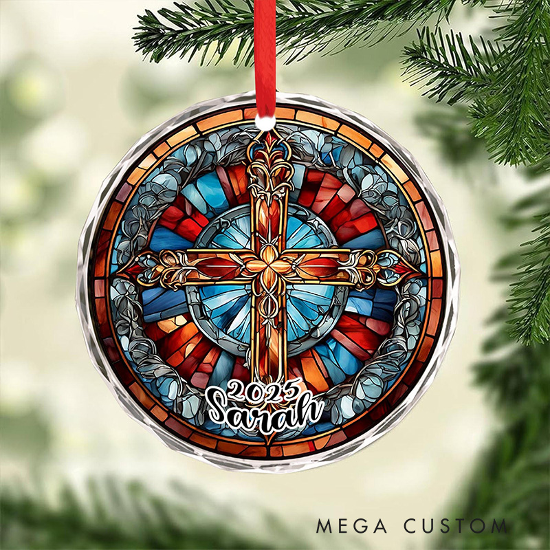 Personalized Cross Stained Glass Christmas Ornament with Name and Year Tree Decoration Christmas Christian Gift Religious Keepsake & Church Gift