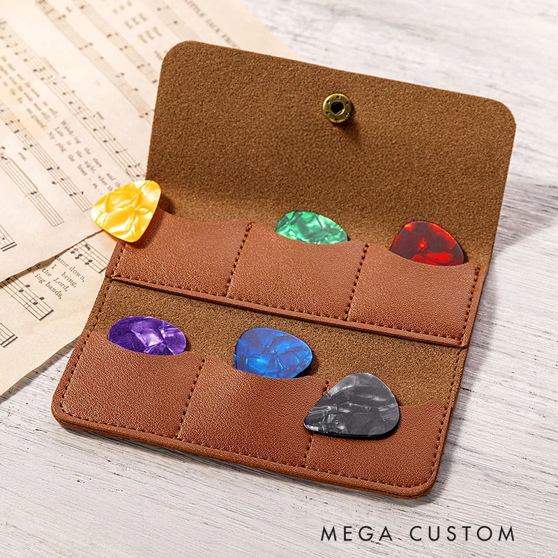 Personalized Concealed Button PU Leather Guitar Pick Holder with Name and 6 Slots Guitar Accessories Birthday Gift for Guitar Player Music Lover