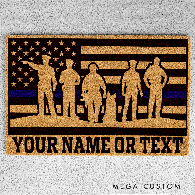 Personalized Thin Blue Line Doormat with Police Silhouette Gift for Law Enforcement Families