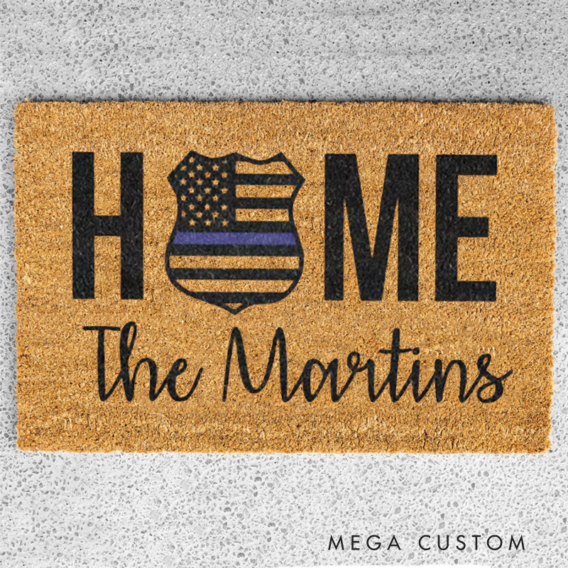 Personalized Thin Blue Line Doormat with Home Police Badge Design Gift for Law Enforcement Families