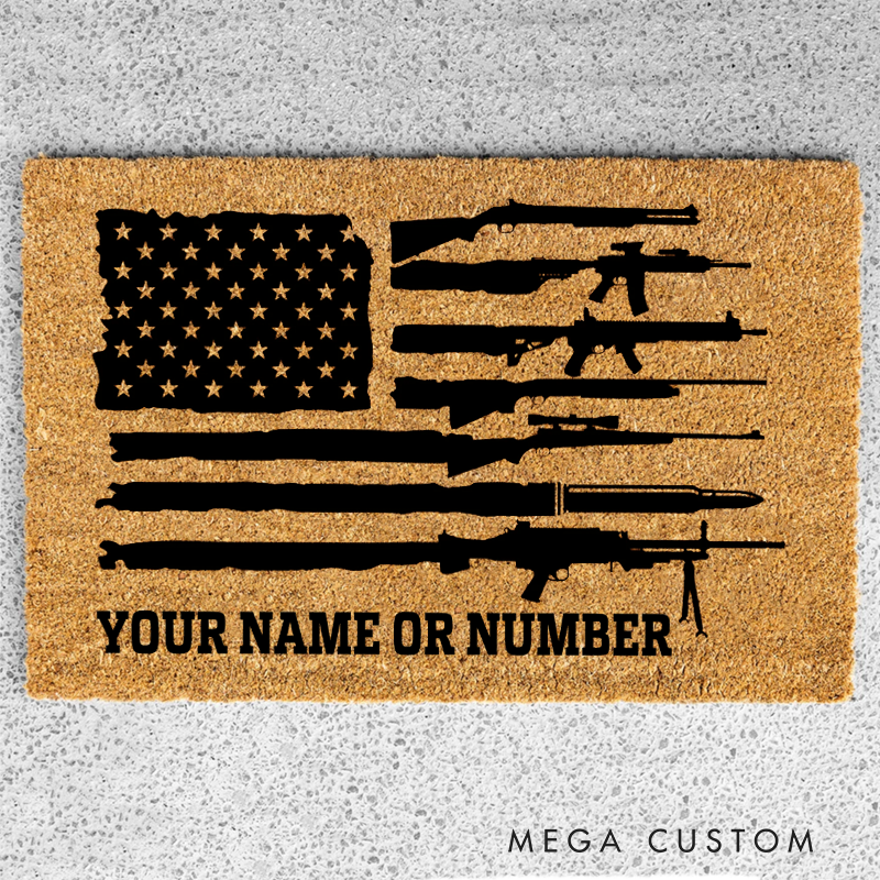 Personalized American Flag Doormat with Rifle Design Gift for Police Officer or Military Families