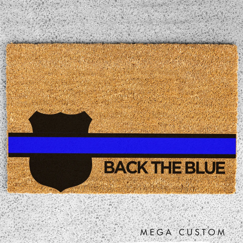 Personalized Back the Blue Doormat with Police Badge and Thin Blue Line Design Support Gift for Law Enforcement Families