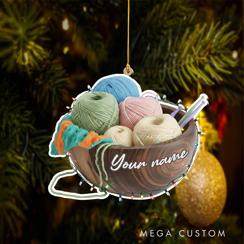 Personalized Yarn Bowl Christmas Ornament Custom Name Knitting Lover Gift Crochet Supplies Decor Unique Fiber Art Holiday Decoration