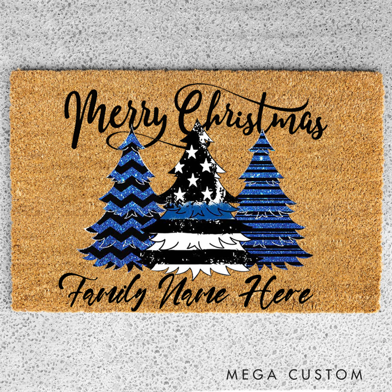 Personalized Merry Christmas Doormat Thin Blue Line Christmas Tree Gift for Law Enforcement Families