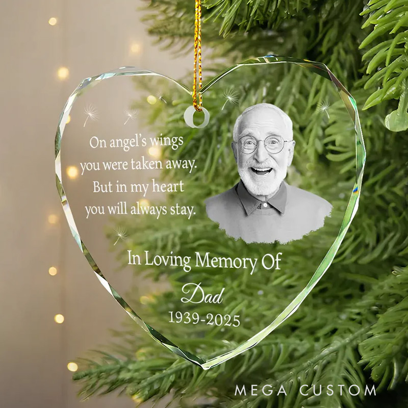Personalized Heart Shaped Glass Ornament Custom Photo In My Heart You Will Always Stay Memorial Christmas Ornament