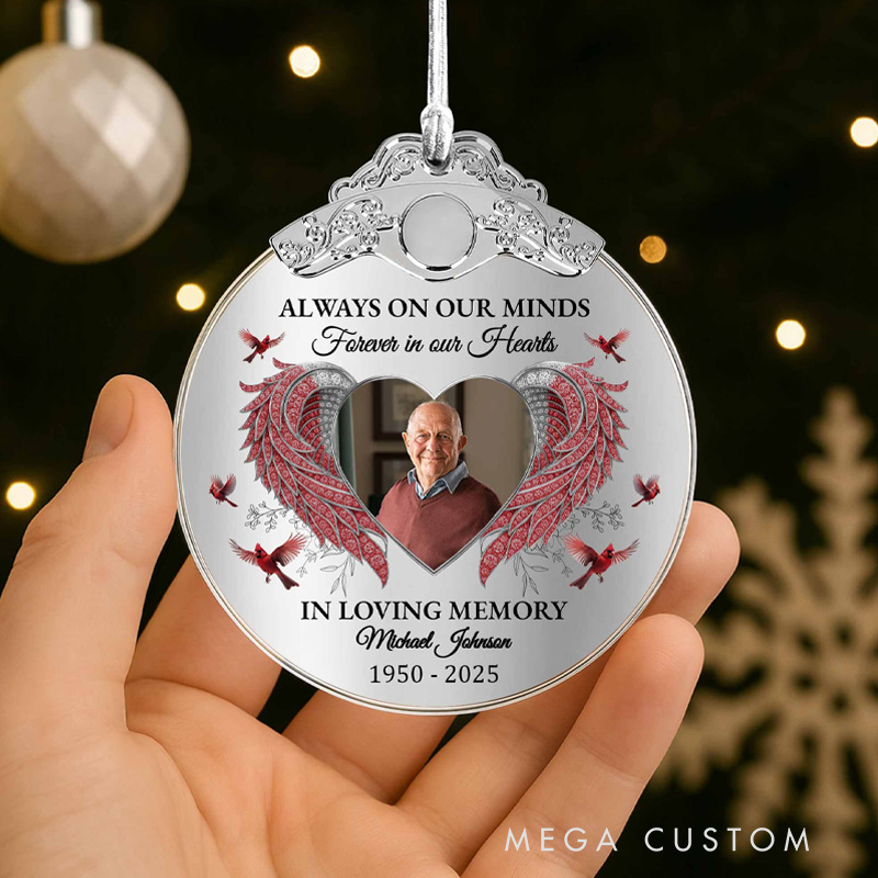 Personalized Glass Photo Ornament With Silver Cap Always On Our Minds Forever In Our Hearts Memorial Ornament for Loss of Loved Ones