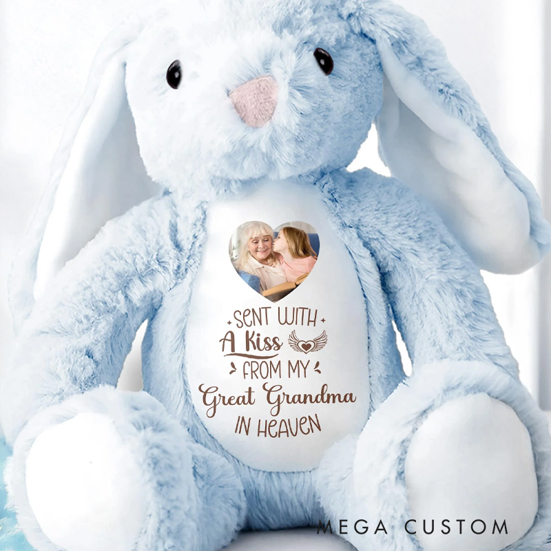 Personalized Sent With A Kiss From Great Grandma In Heaven Custom Photo Stuffed Bunny Gift for Family