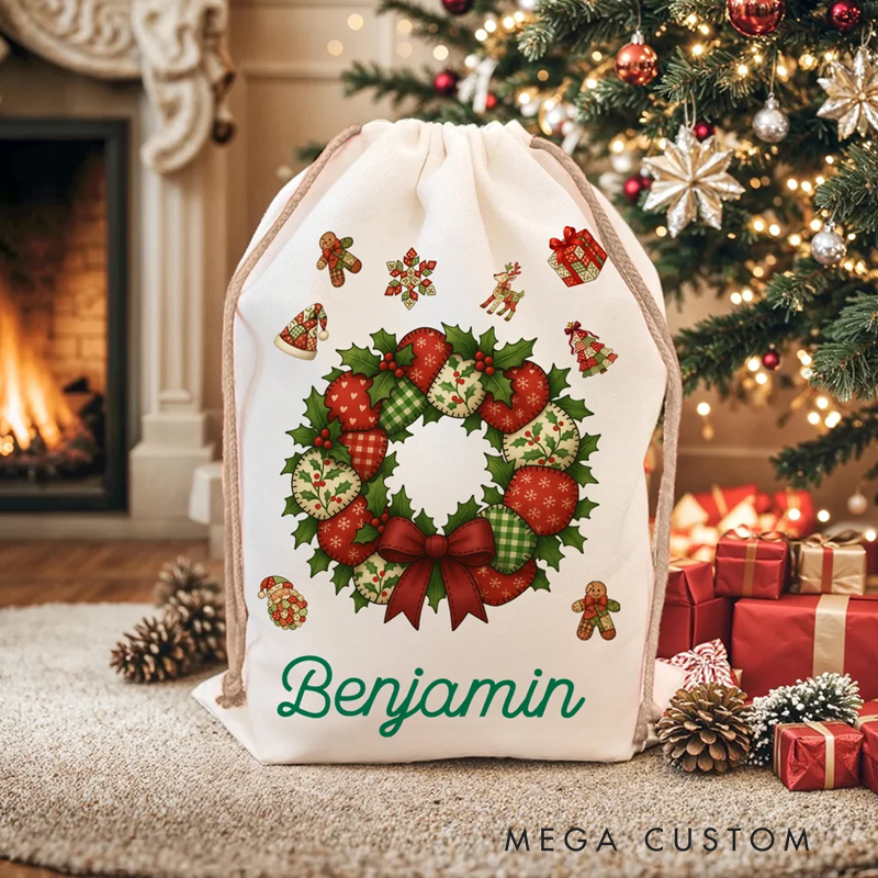 Personalized Patchwork Element Christmas Tree Santa Claus Canvas Drawstring Gift Bag with Name Christmas Gift for Family Kids