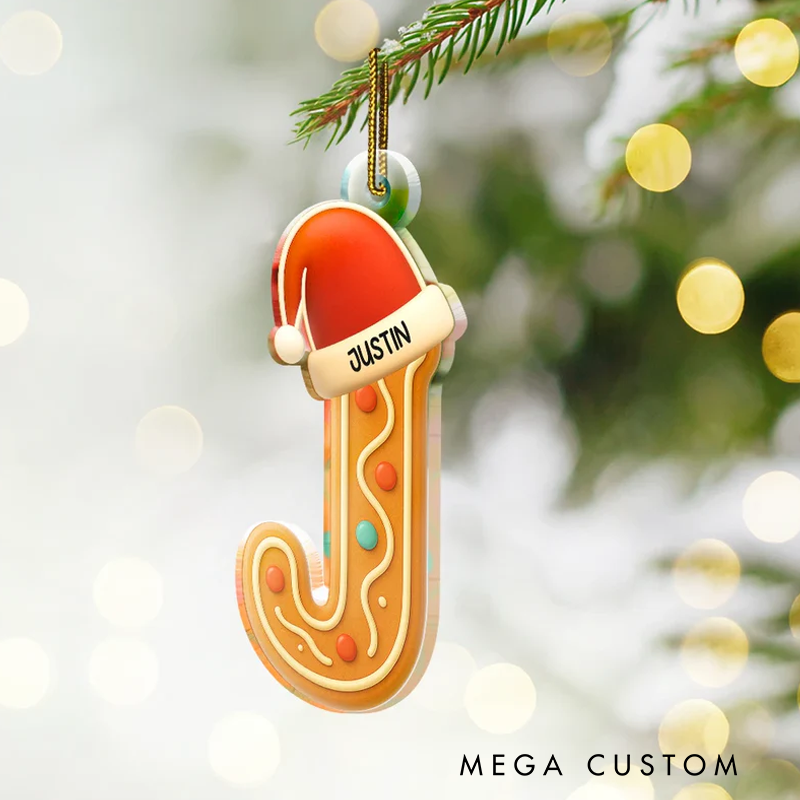 Personalized Festive Gingerbread Letters With Santa Hat Custom Shaped Acrylic Ornament