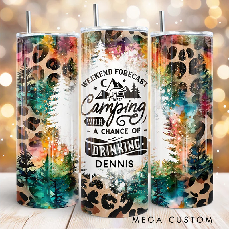 Personalized Camping 20oz Skinny Tumbler Leopard Print and Forest Camping Tumbler for Friends Outdoor Adventures Gift