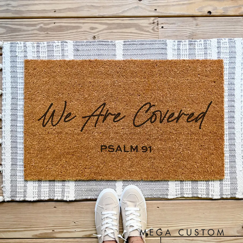Personalized We are Covered Bible Verse Doormat 6 Design Options Non-Slip Durable Front Door Decor Welcome Mat Religious Gift for Faithful Family
