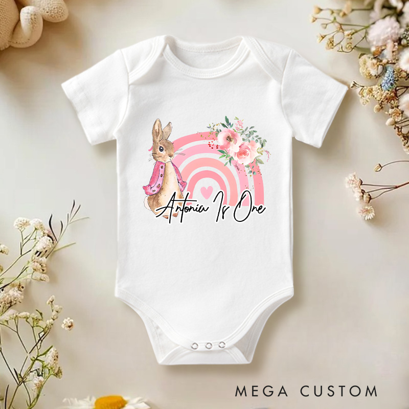 Personalized Rabbit Rainbow 1st Birthday Bodysuit Baby Onesie Funny Baby Girl Gift