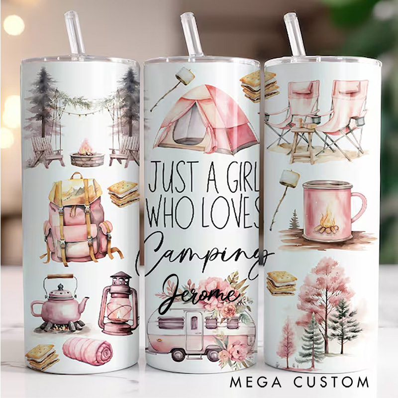 Personalized 20 OZ Skinny Camping Tumbler Elegant Camping Themed Tumbler for Outdoor Enthusiasts