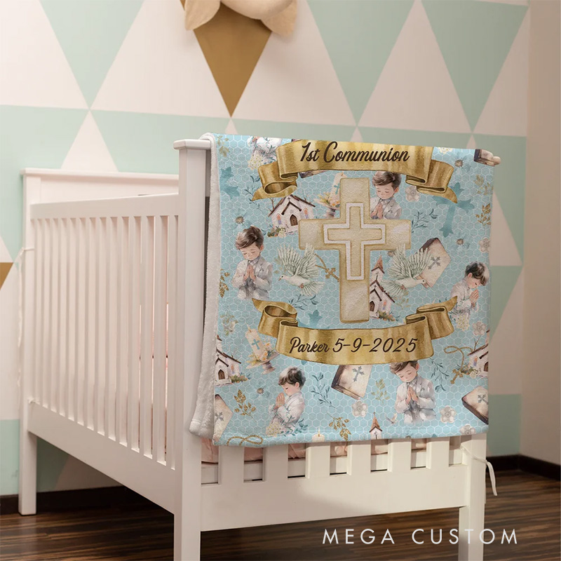 Personalized First Communion Cross Soft Throw Blanket with Name and Date Birthday Baptism Religious Gift for Boys Girls