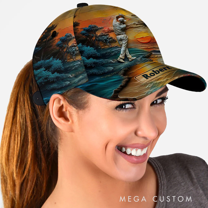 Personalized Golf Cap with 3D Sunset and Custom Name Design  