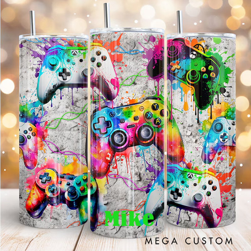Personalized Gamer 20oz Skinny Tumbler Vibrant Gaming Themed Tumbler for Game Lover Gift