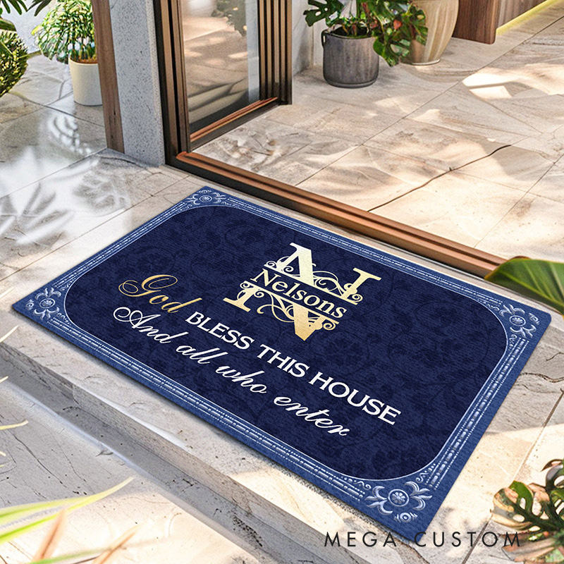 Personalized God Bless this House and All Who Enter Doormat with Family Name Non-Slip Durable Front Door Decor Religious Gift for Faithful Family