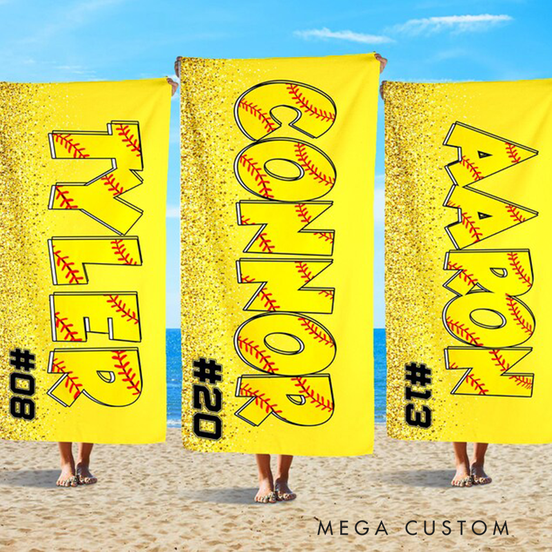 Personalized Softball Beach Towel with Custom Name Number Glitter Effect and Bold Yellow Design Perfect for Players Fans and Outdoor Activities