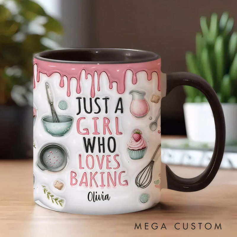 Personalized Just a Girl Who Loves Baking Mug with Name 11oz Ceramic Baking Accent Mug Coffee Cup for Baker Mom Sister Daughter Baking Lover Gift