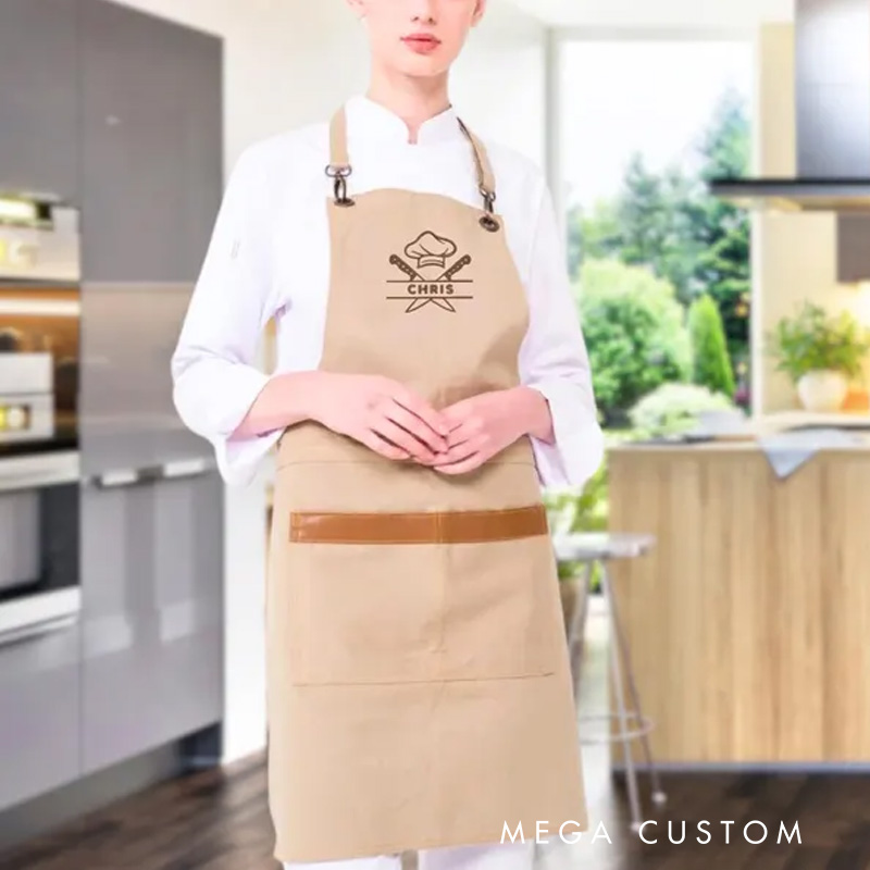 Personalized Canvas Chef Apron with Pockets Embroidered Kitchen Wear for Restaurants and Home Cooking Baking Lover Gift