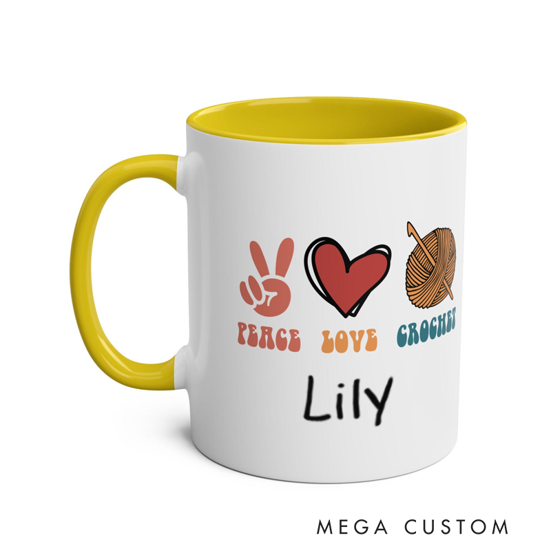 Personalized Name Peace Love Crochet Retro Mug Best Friend Novelty Mug Crocheter Birthday Gift