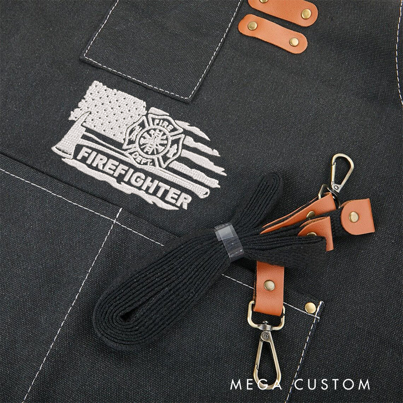 Personalized Firefighter Black Canvas Apron with Adjustable Straps and Pockets Gift for Firefighters and Everyday Use
