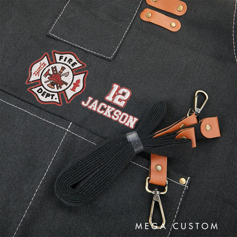 Personalized Firefighter Canvas Apron with Custom Name and Number Gift for Firefighters