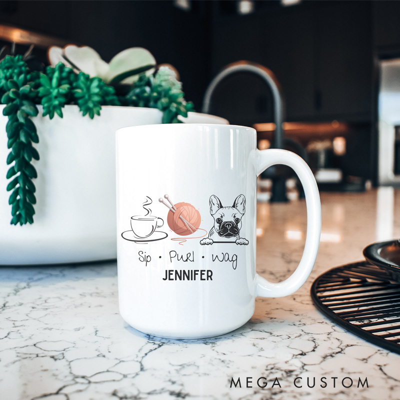 Personalized Coffee Frenchie Knitting Mug Ceramic 15oz Birthday Knitting Gift For Her Knitting Coffee Mug Gift For Knitter Dog Lover