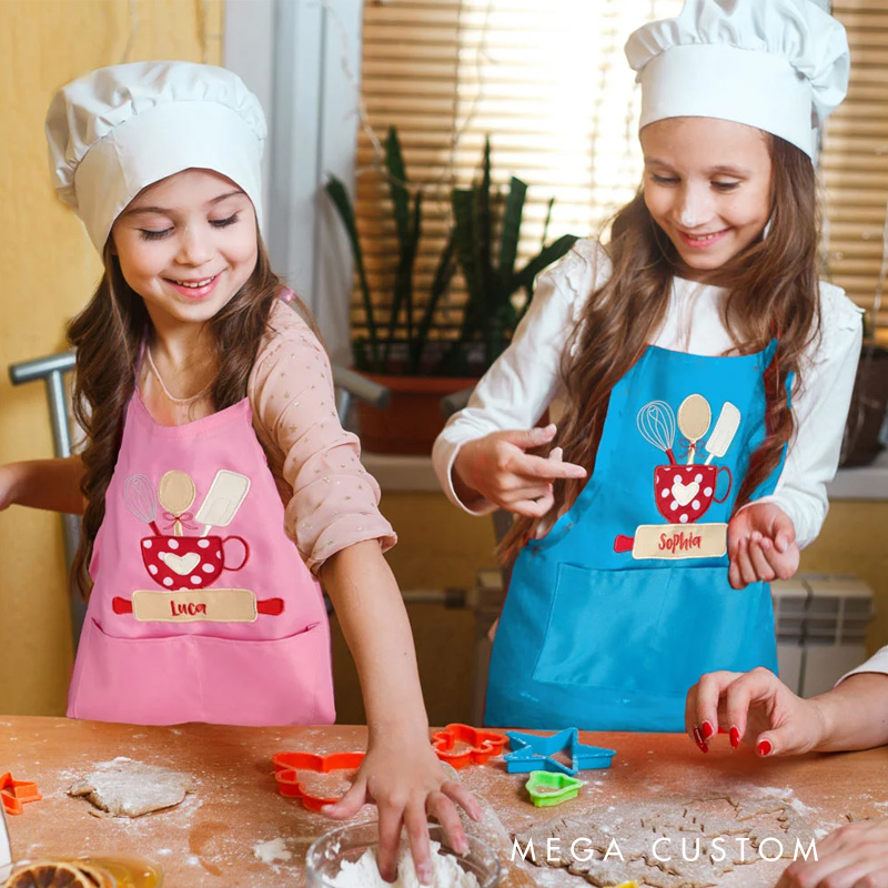 Personalized Baking Tools Adjustable Boy Girl Apron Chef Hat Set with Embroidered Name and Pocket Birthday Gift for Kids Cooking Lovers
