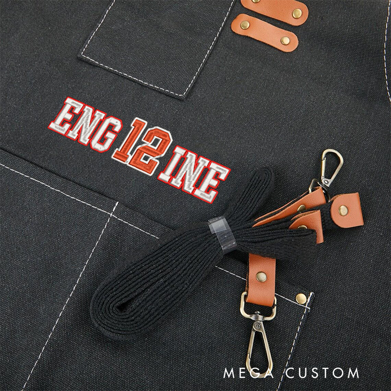 Personalized Firefighter Canvas Apron with Custom Embroidered Engine Number Design Gift for Firefighters
