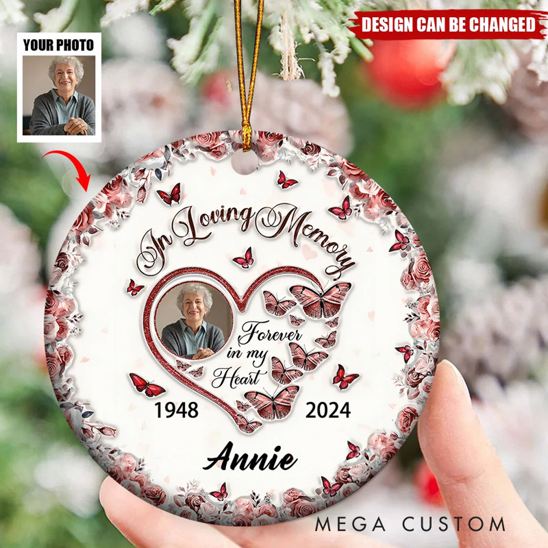 Personalized Ceramic Ornament Sparkling Heart Memorial Butterflies Ornament Gift for Family and Memorial Keepsake 