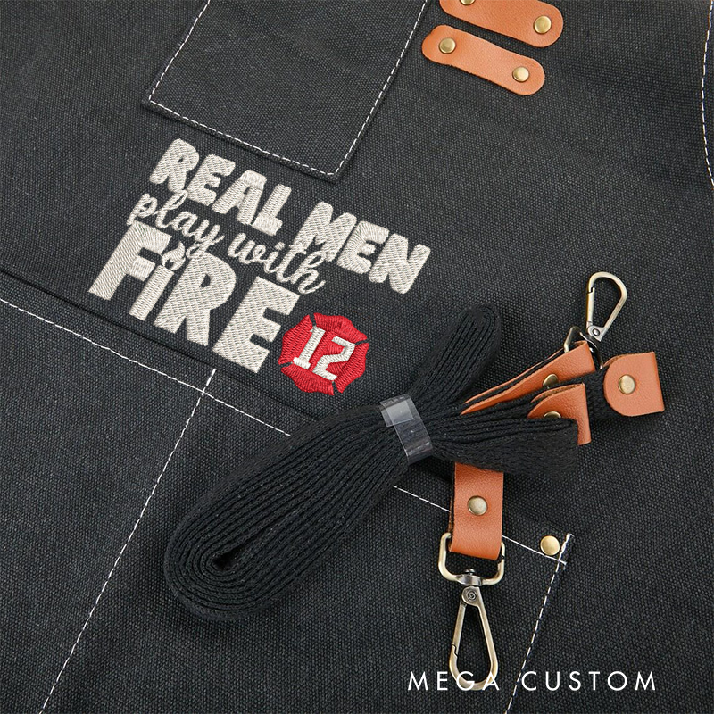 Personalized Firefighter Apron with Custom Embroidered Real Men Play with Fire Gift for Firefighters