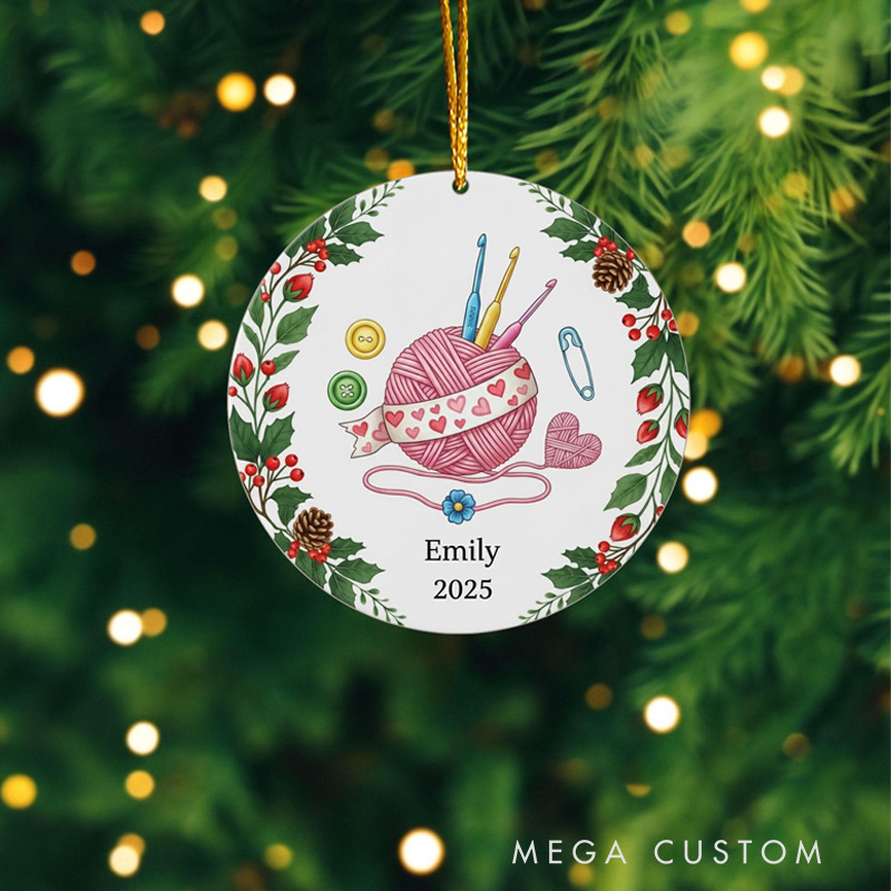 Personalized Crochet Christmas Ornament 2025 Yarn Ball Hooks and Holly Design Gift for Knitters Crafters and Crochet Lovers