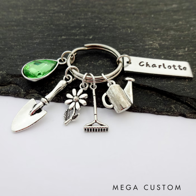 Personalised Gardening Birthstone Keyring Gift for Gardener Garden Gifts Name Flower Charm Keychain Gift for Florist
