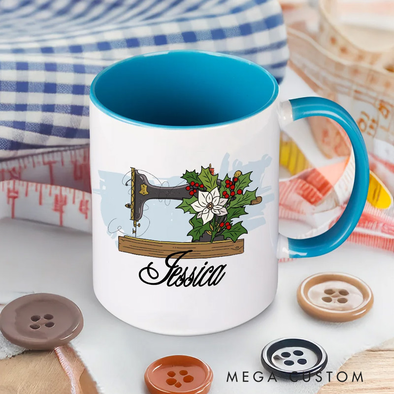 Personalized Birth Flower Sewing Machine Ceramic Coffee Mug with Name Home Kitchen Decor Birthday Gift for Mom Grandma Sewing Enthusiast