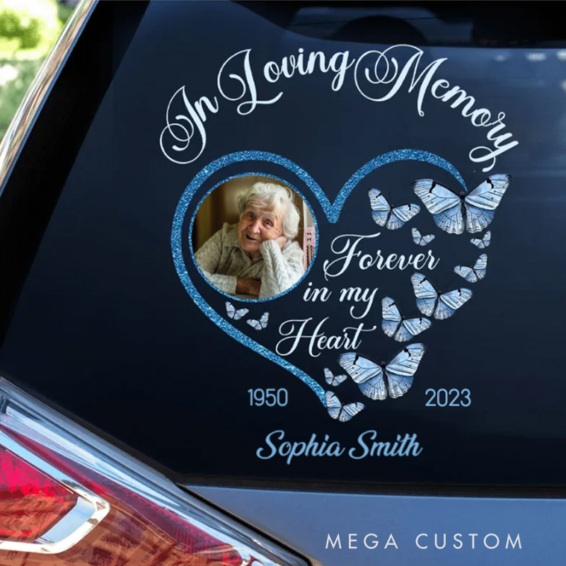 Personalized Memorial Decal Sticker for Car Window In Loving Memory Sparkling Heart Memorial Butterflies Sympathy Gift