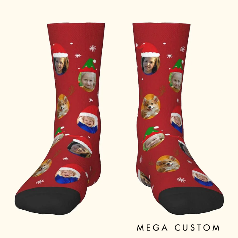 Personalized Funny 1 - 4 Face Photo Design Soft Crew Socks with Santa Hat Elk Snowflake Elements Christmas Gift
