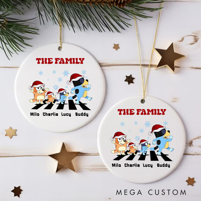 Personalized Name Christmas Ornament Cartoon Dog Family With Santa Hats Merry Christmas Holiday Sign