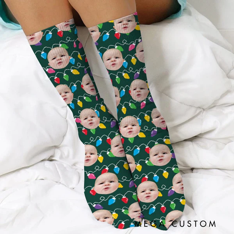 Personalized Photo With Colorful Christmas Lights Socks