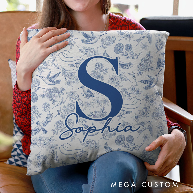Personalized Toile De Jouy Floral Initial Pillow 