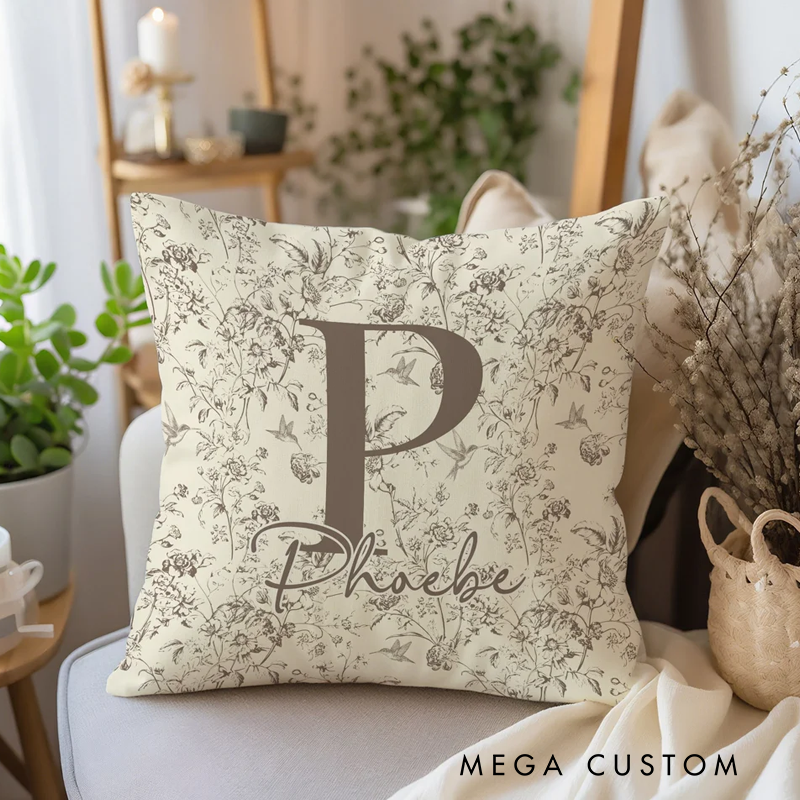 Personalized Toile De Jouy Floral Initial Soft Throw Pillow Cover with Name Home Decor Birthday Christmas Gift
