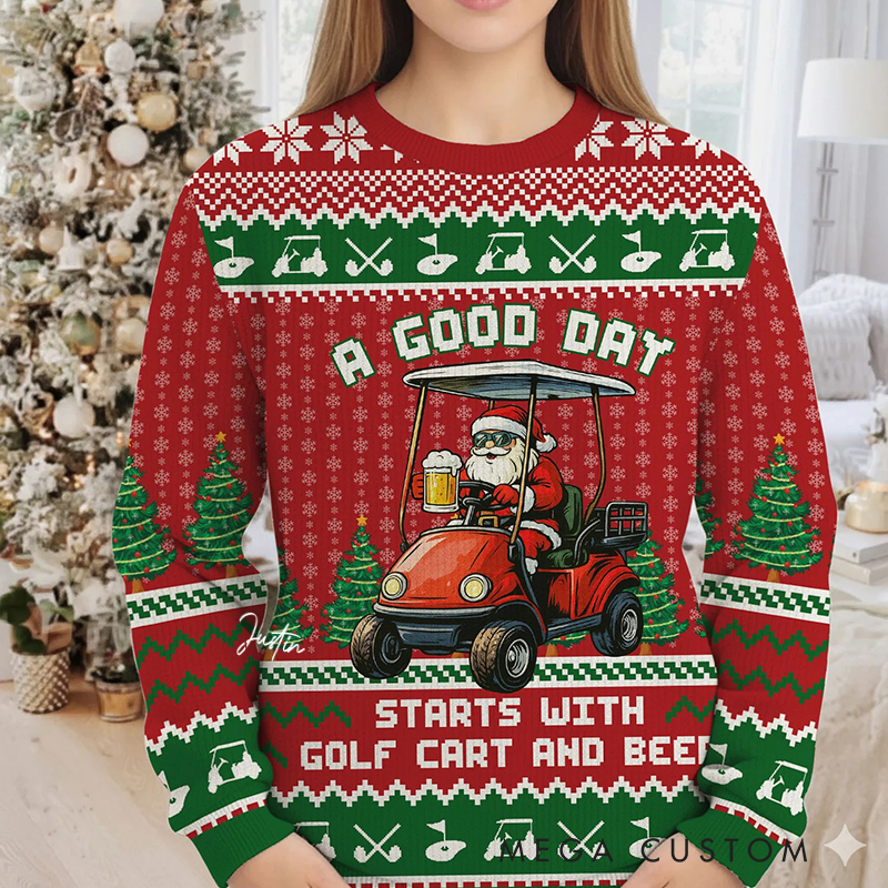 Personalized "A Good Day Starts with" Christmas Sweatshirt for Golf and Beer Lovers 